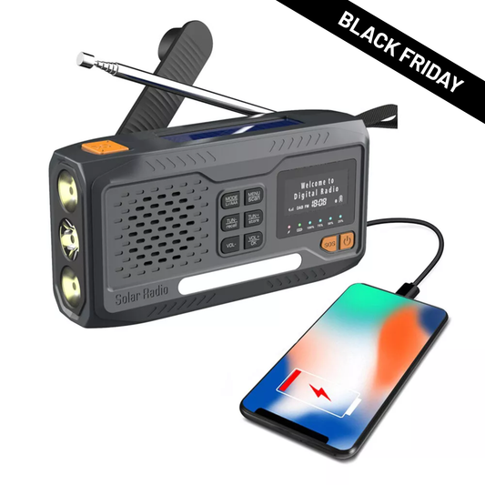 Nødradio med DAB+/FM – 4500mAh Powerbank, Lommelykt, Sveiv & Solcelle | Kan også bruke AAA-batterier
